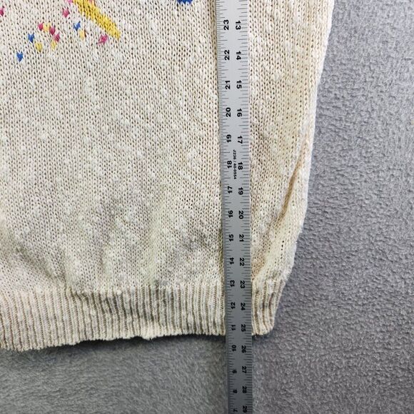 Vintage Sweater Womens L Cream Floral Crochet Open Knit 80s Skating Rink Prop - Picture 12 of 14